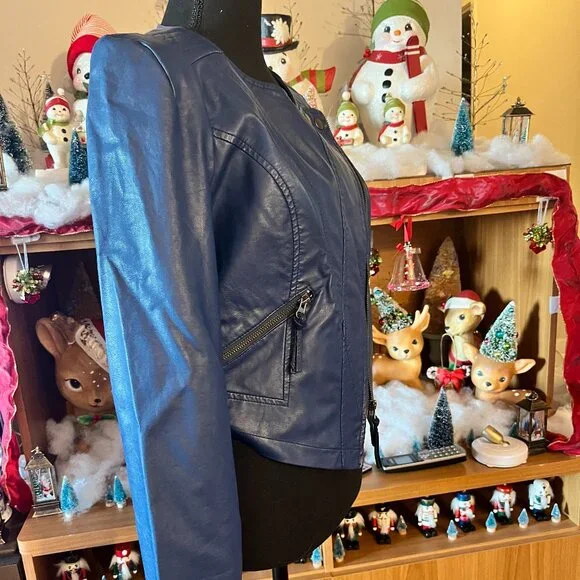 Free People Blue Vegan Leather Jacket Size 8 - Picture 2 of 4